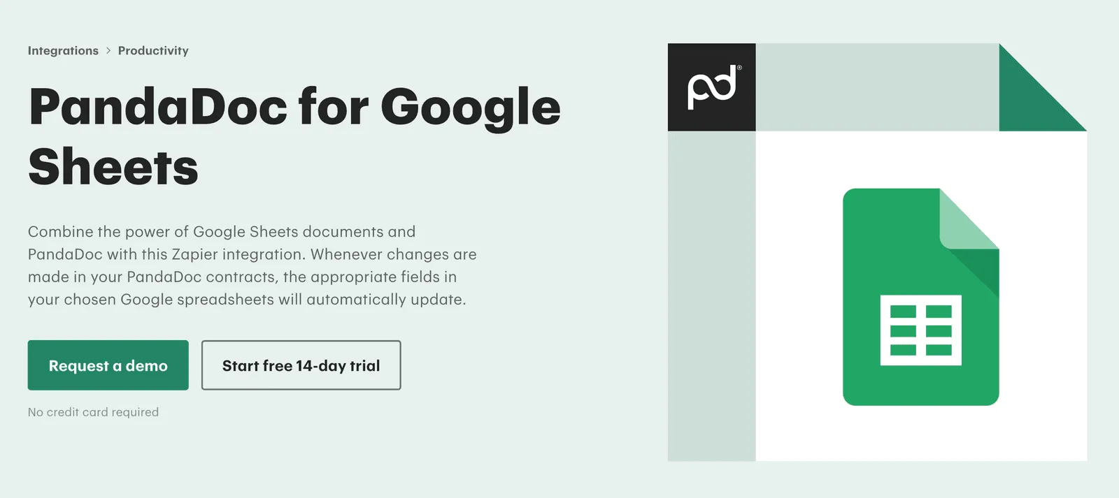 A screenshot from PandaDoc's marketplace showing their Google Sheets integration via Zapier.
