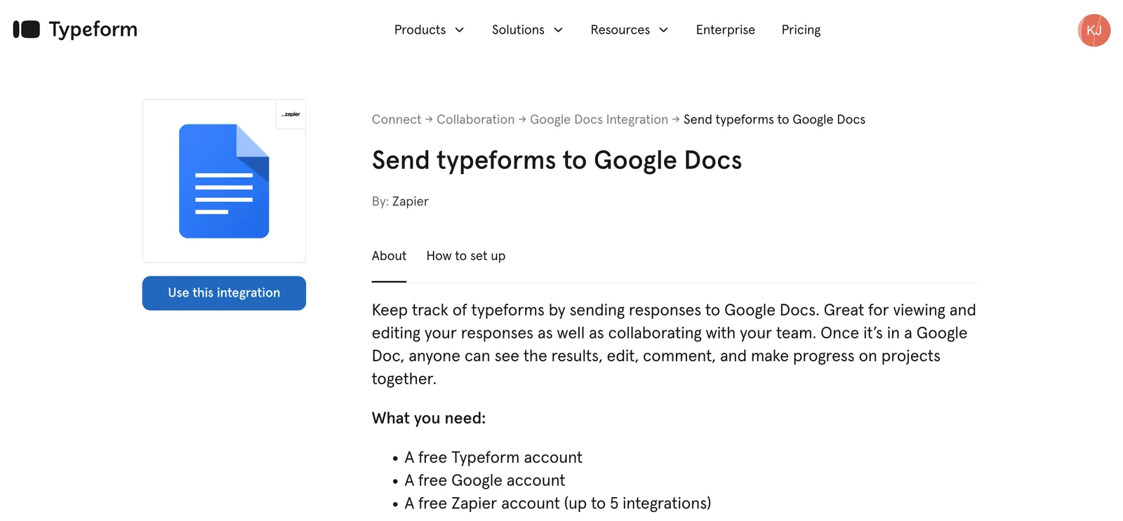 A screenshot from Typeform's marketplace showing steps to set up a Zapier integration with Google Docs.