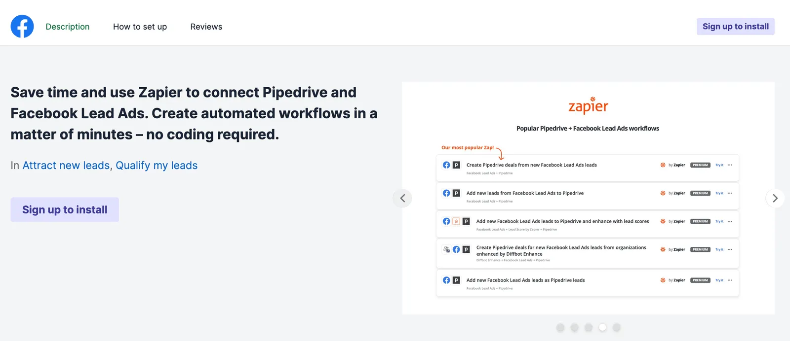 A screenshot from Pipedrive's marketplace showing their Zapier integration with Facebook Lead Ads.