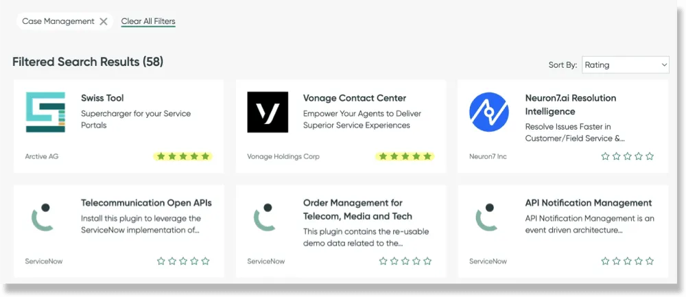 Screenshot of ServiceNow store listings sorted by rating.