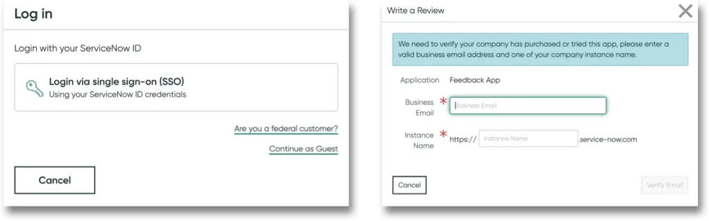 Screenshot of the ServiceNow review verification process.