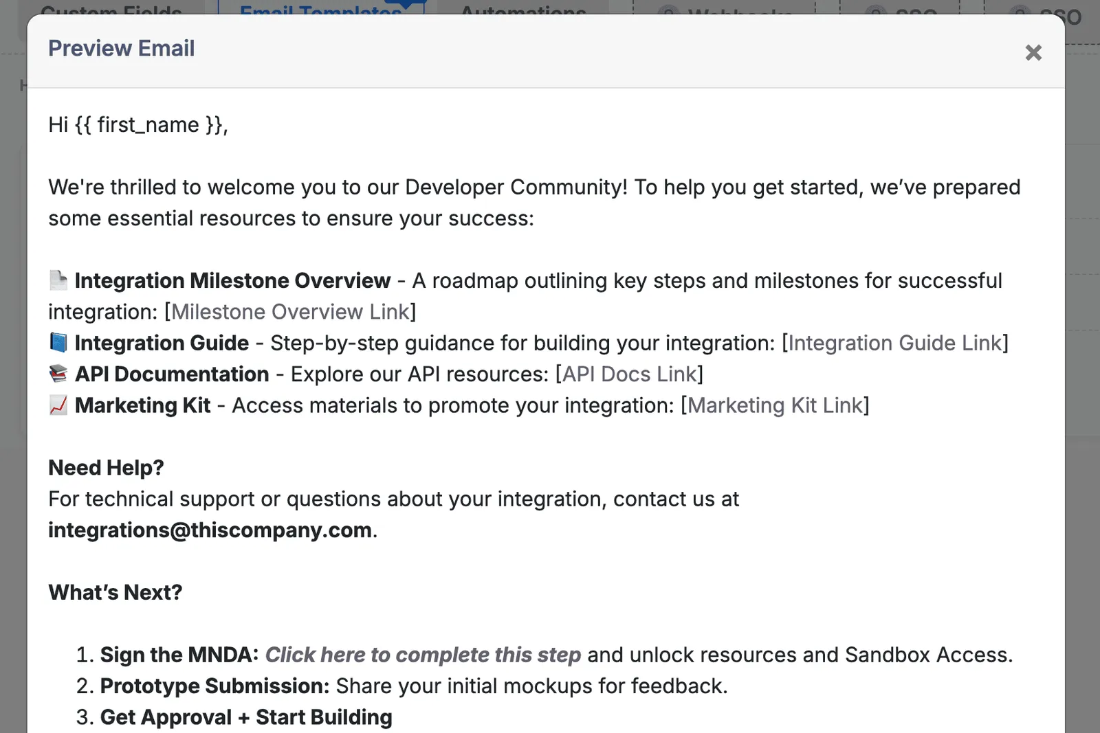 Screen shot of a custom kickoff email template.