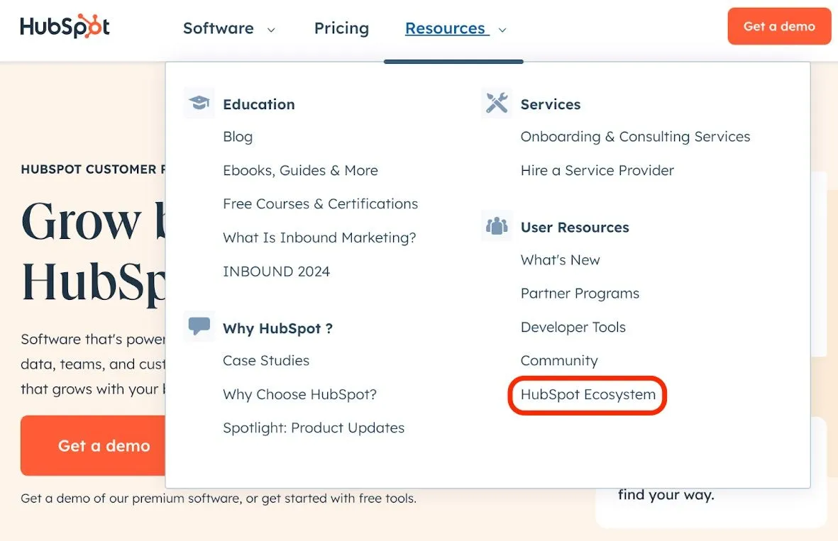 HubSpot ecosystem listed in the main nav on the homepage