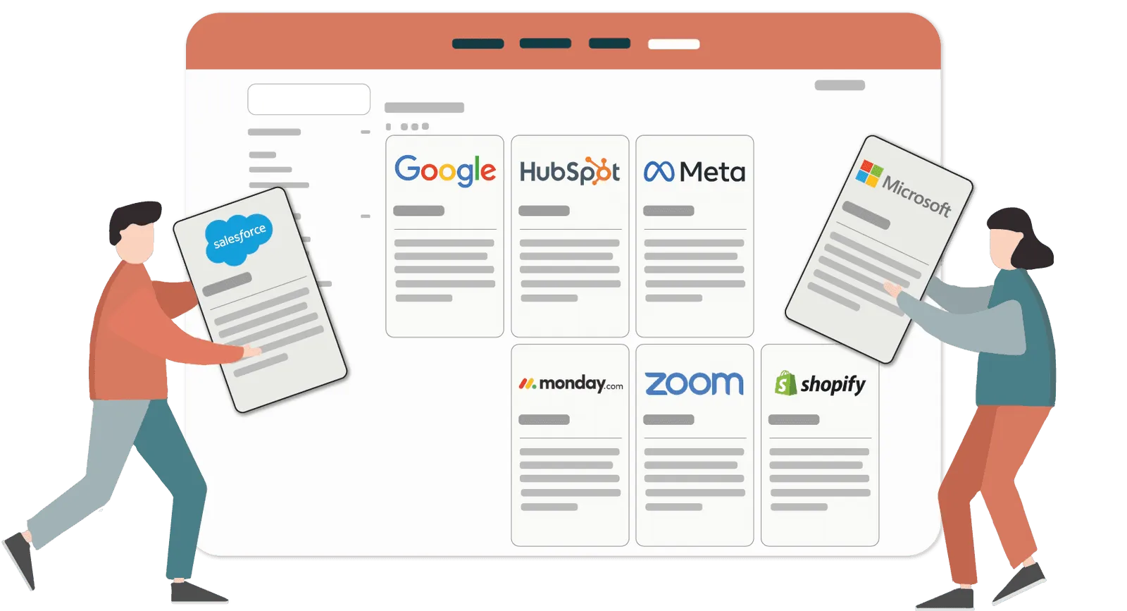 Graphic of a public marketplace with cards for Google, HubSpot, etc.