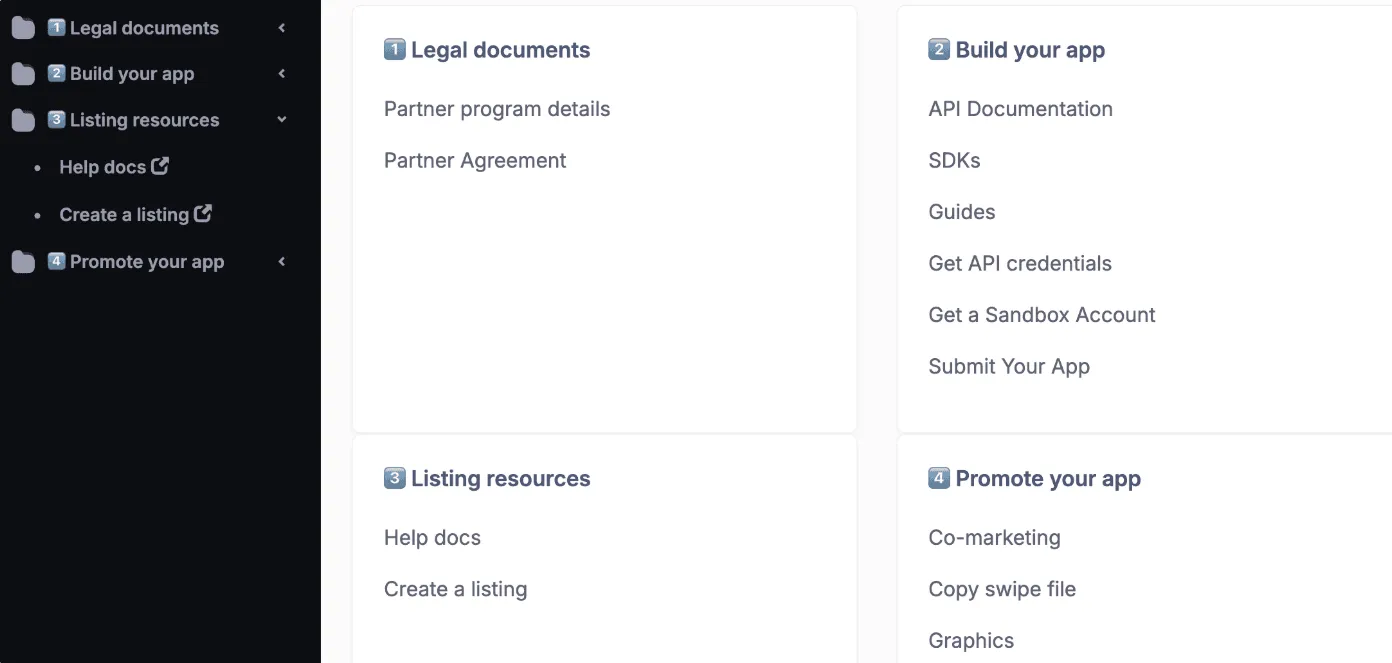 Folders with API documentation, SDKs, etc.
