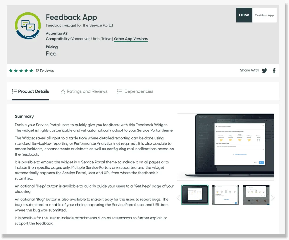 Screenshot of a ServiceNow app listing that has a large description.