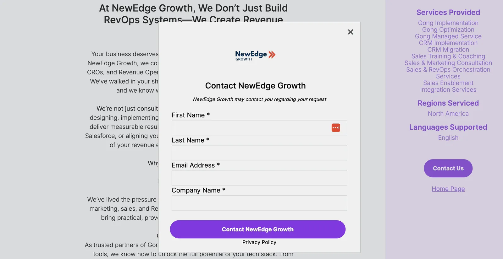 Contact form on Gong's marketplace
