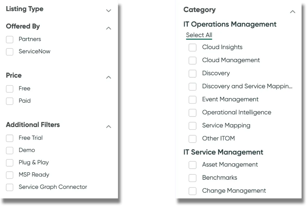 Screenshot of the ServiceNow Store filters and categories.