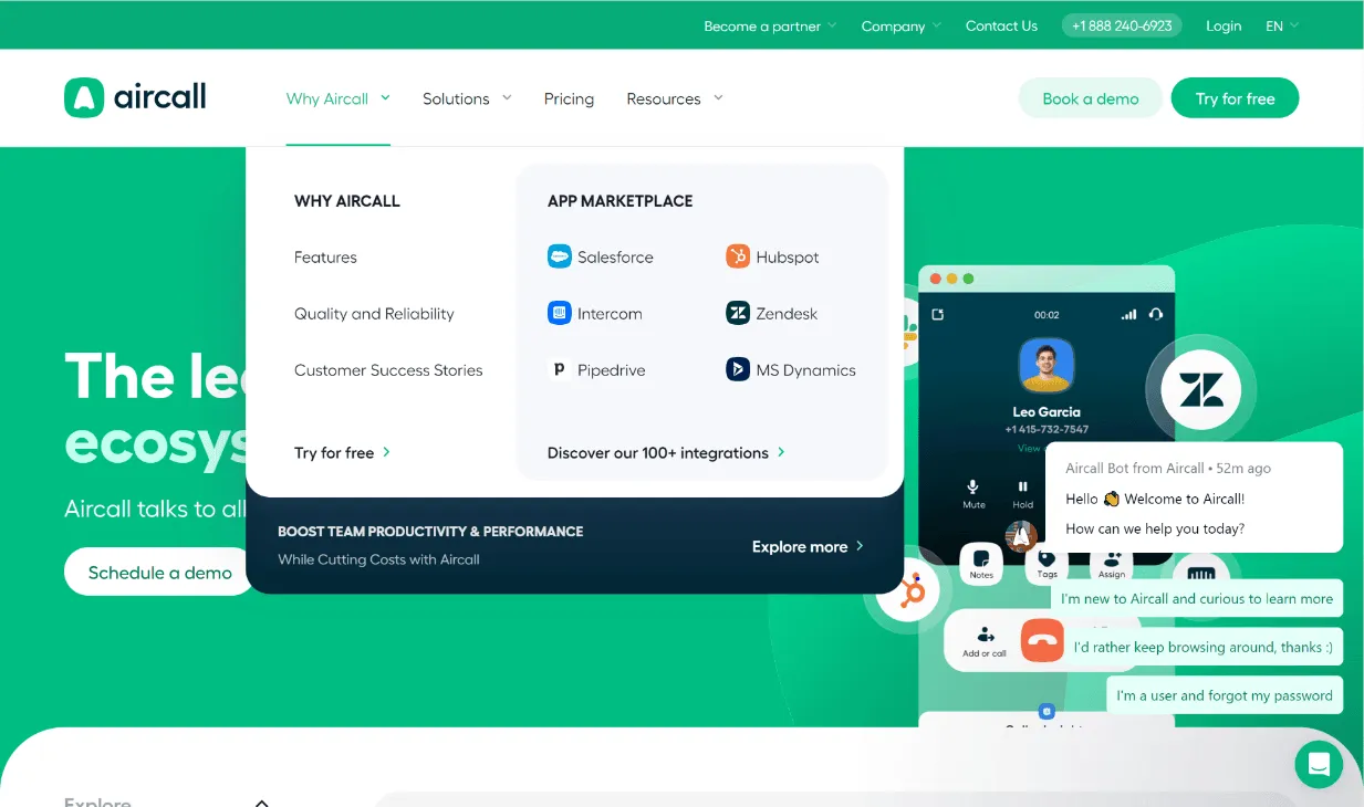 AirCall's integrations and app marketplace in their nav.