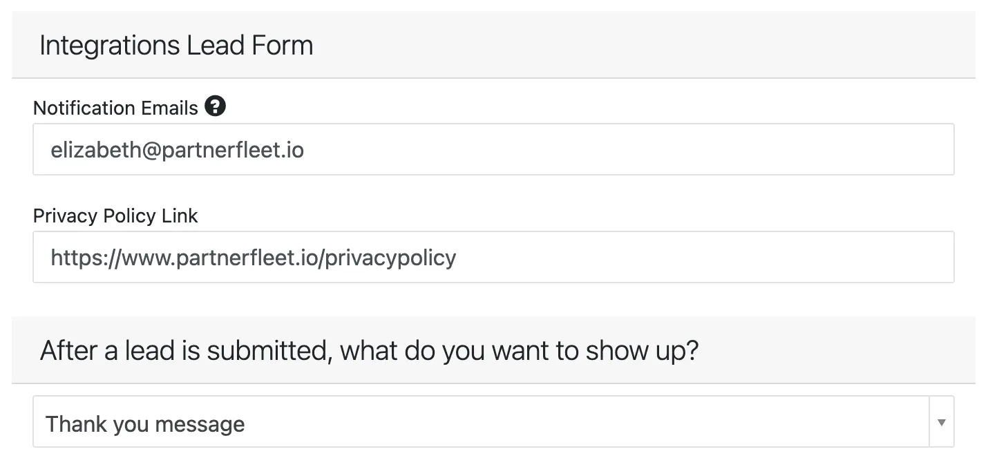 Choose notification email addresses and privacy policy link.