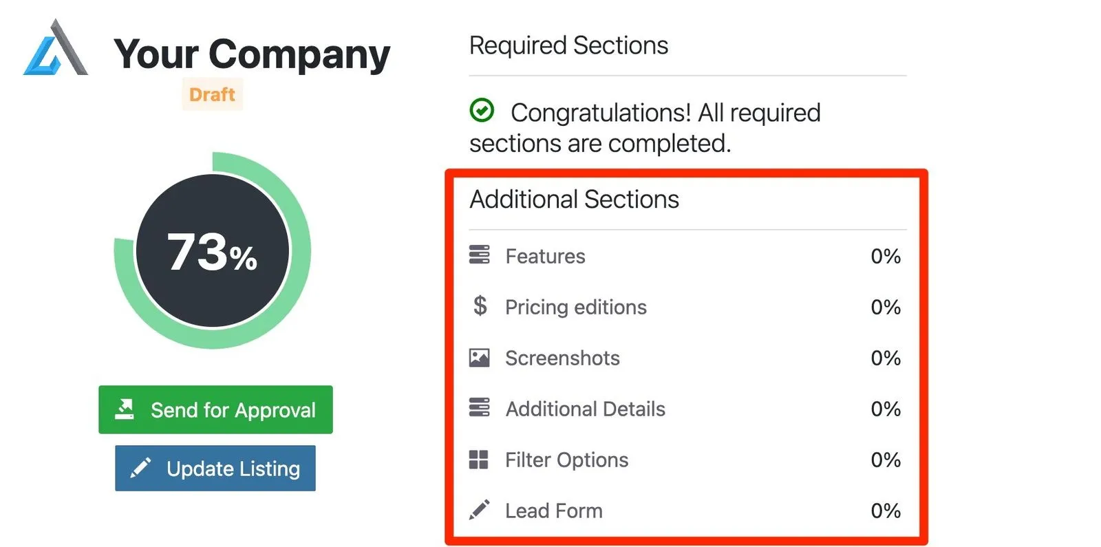 Screenshot of Partner Fleet required sections.