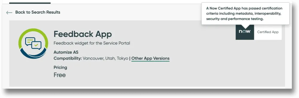 Screenshot of a ServiceNow Certified App badge.