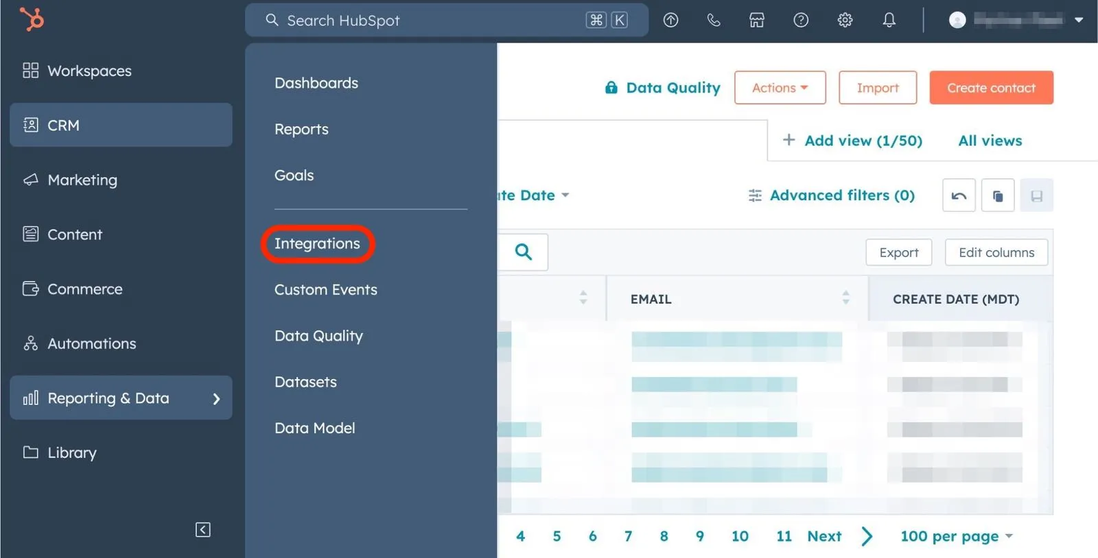 HubSpot integrations on the dashboard.