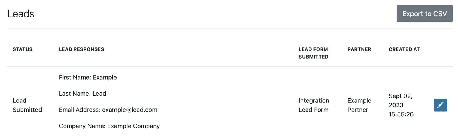 Example lead with option to export to CSV.