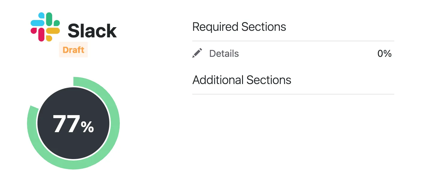 Slack Scorecard showing a 77% score and required/additional sections.