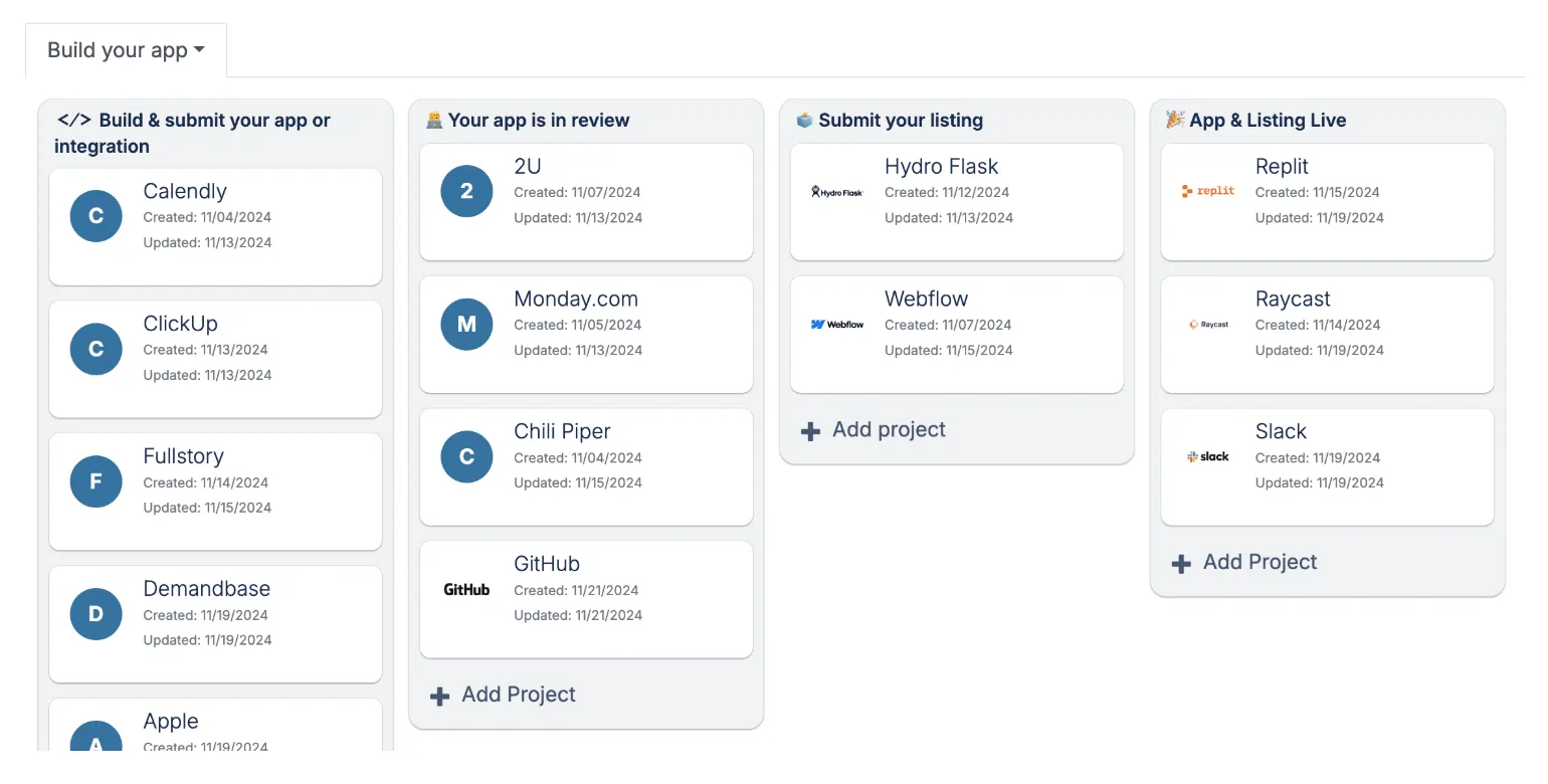 A pipeline with developer projects in it.