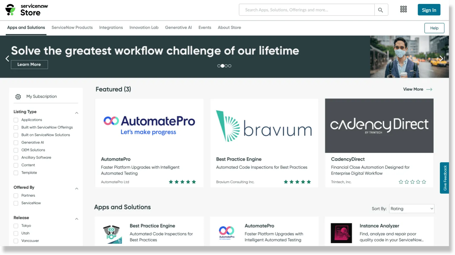 A screenshot of the ServiceNow Store.